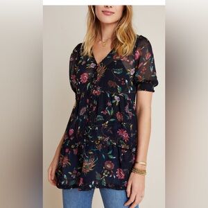 Anthropologie Salzburg Sheer Tunic, Navy Floral, Size XL
